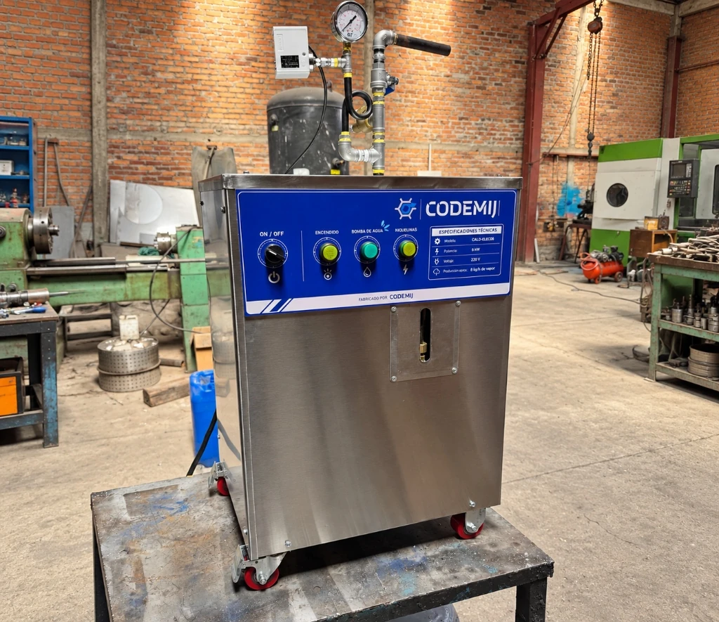 Caldera eléctrica CODEMIJ de 6 kW con panel de control frontal y ruedas industriales