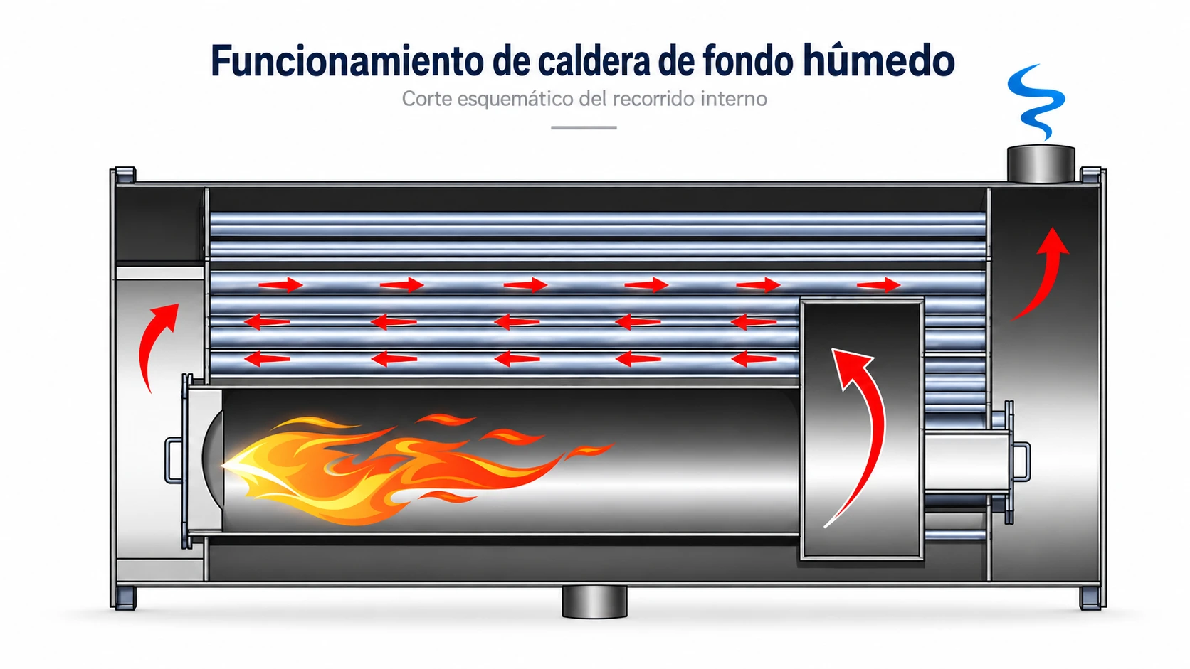 Esquema longitudinal de funcionamiento de caldera pirotubular de fondo húmedo CODEMIJ