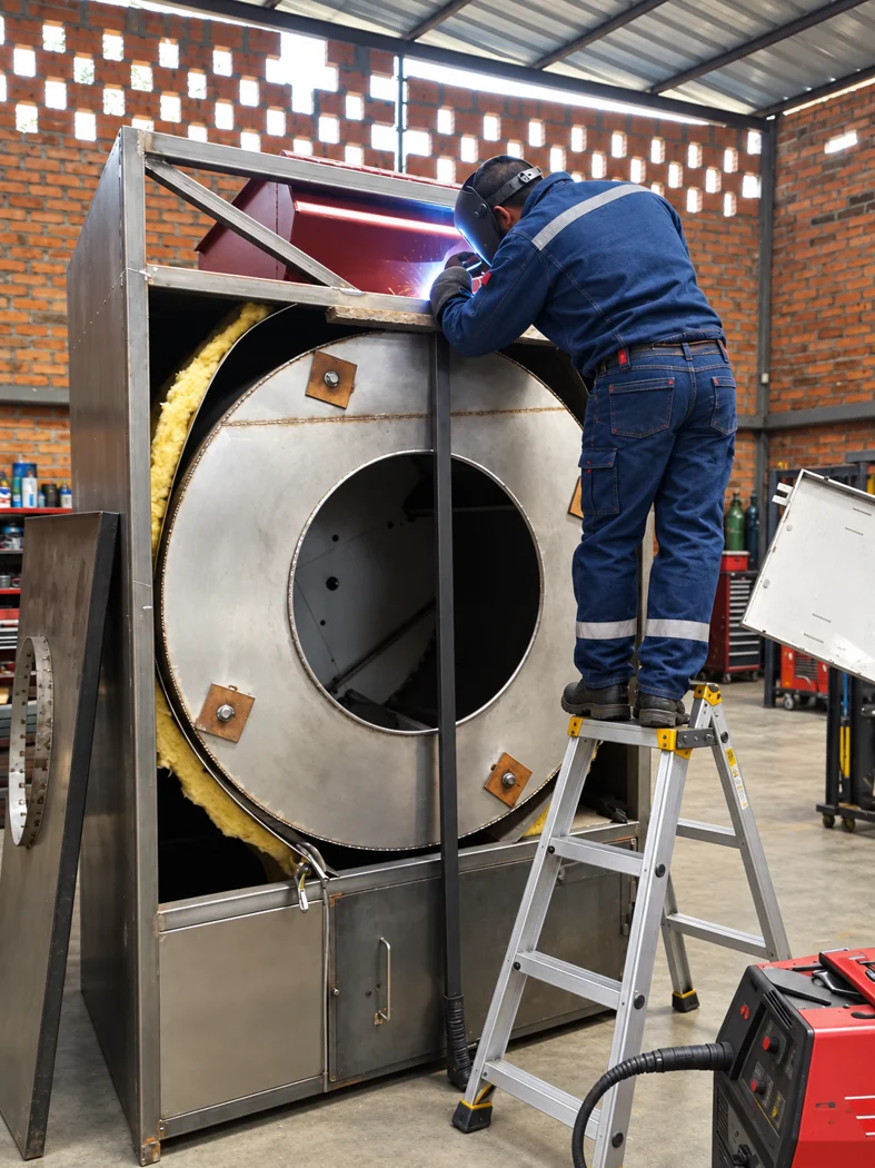 Técnico soldando la estructura de un equipo industrial