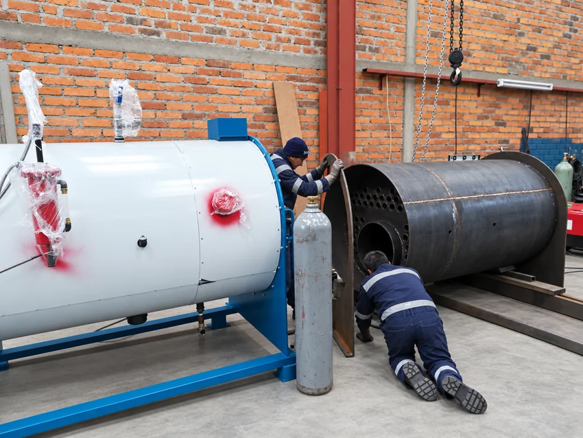 Equipo técnico trabajando en los cuerpos de dos calderas