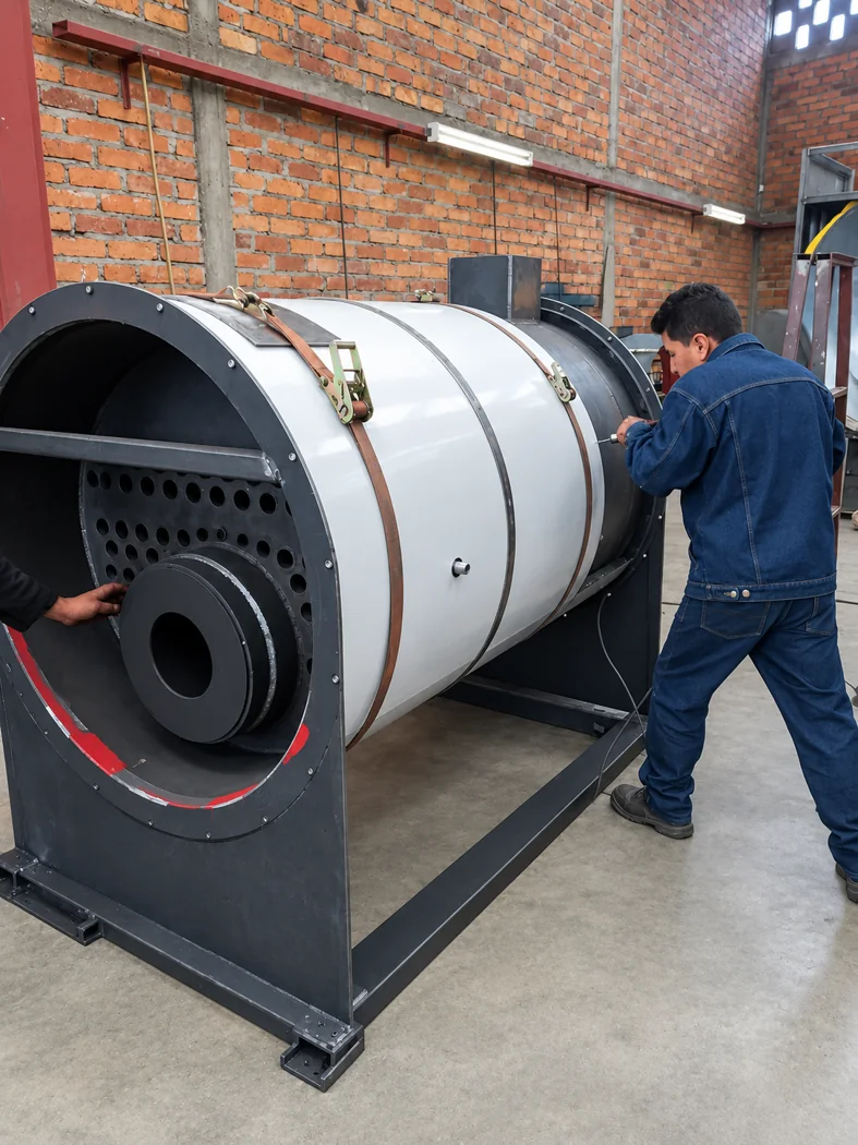 Técnico montando el revestimiento de una caldera industrial
