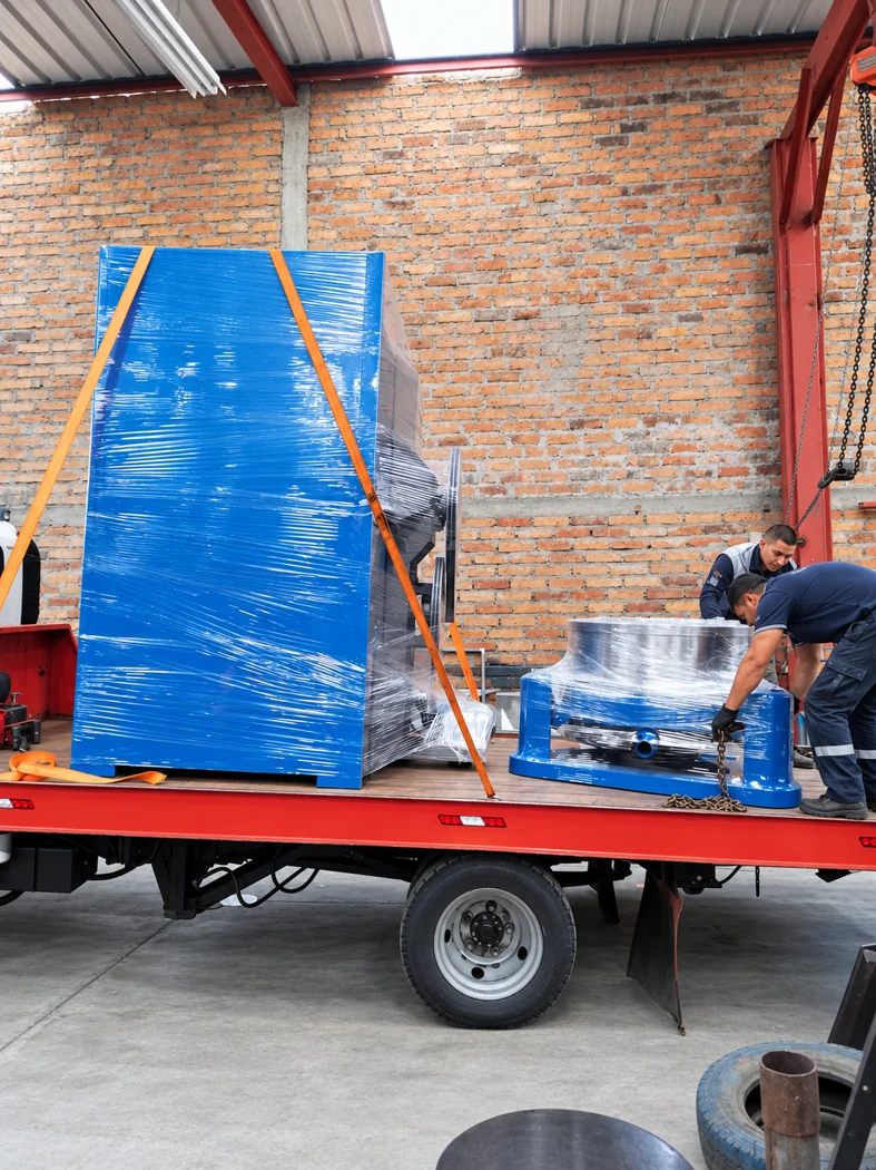 Personal asegurando maquinaria embalada sobre una plataforma de transporte
