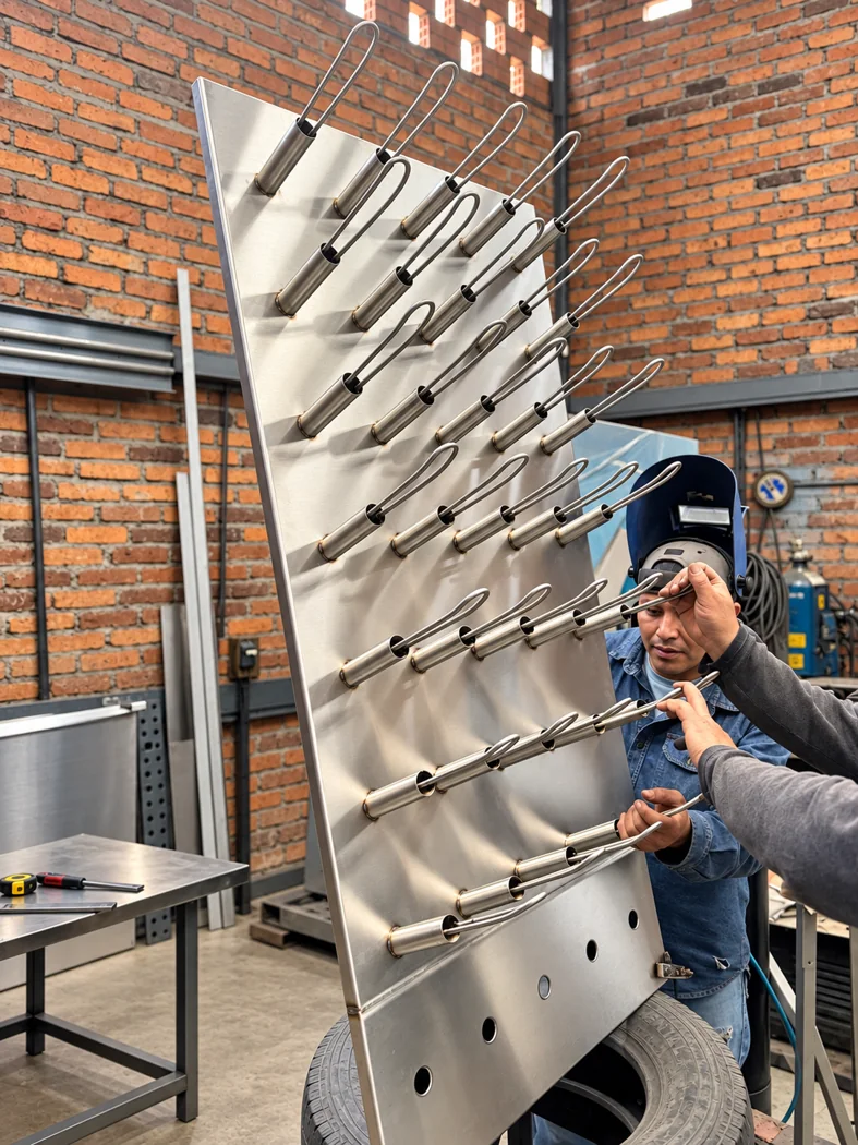 Montaje de los soportes de acero inoxidable de una secadora de calzado