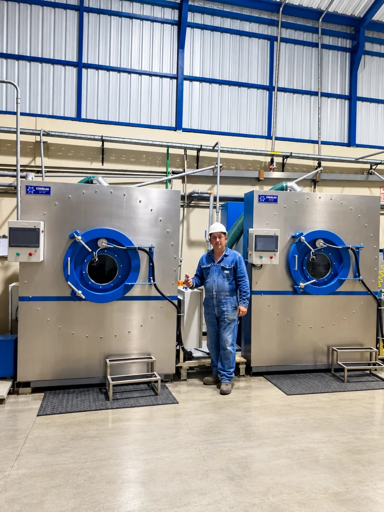 Dos lavadoras industriales de acero inoxidable junto a un técnico