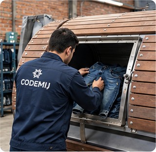 Carga de prendas en el tambor de la frosteadora denim