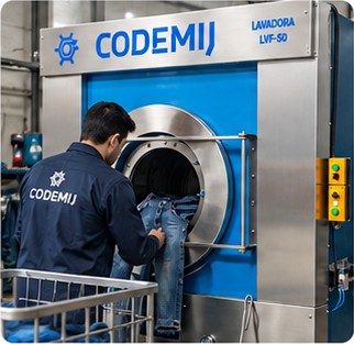 Lavado y fijación de prendas denim en una lavadora industrial CODEMIJ