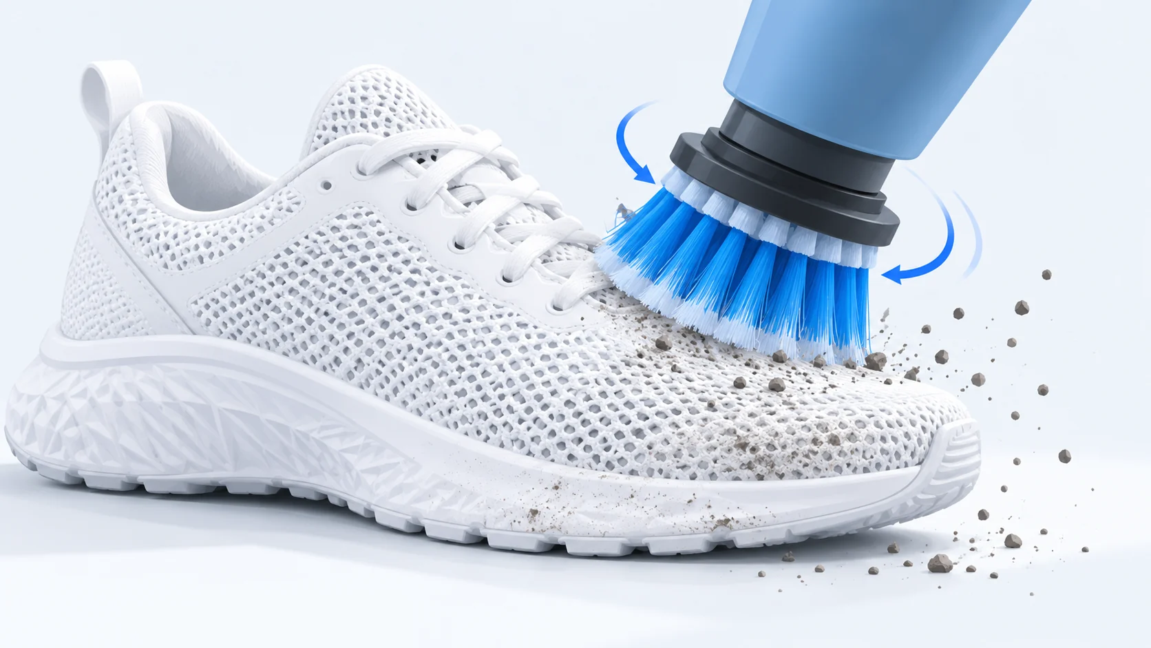 Cepillo de cerdas azules limpiando una zapatilla de malla