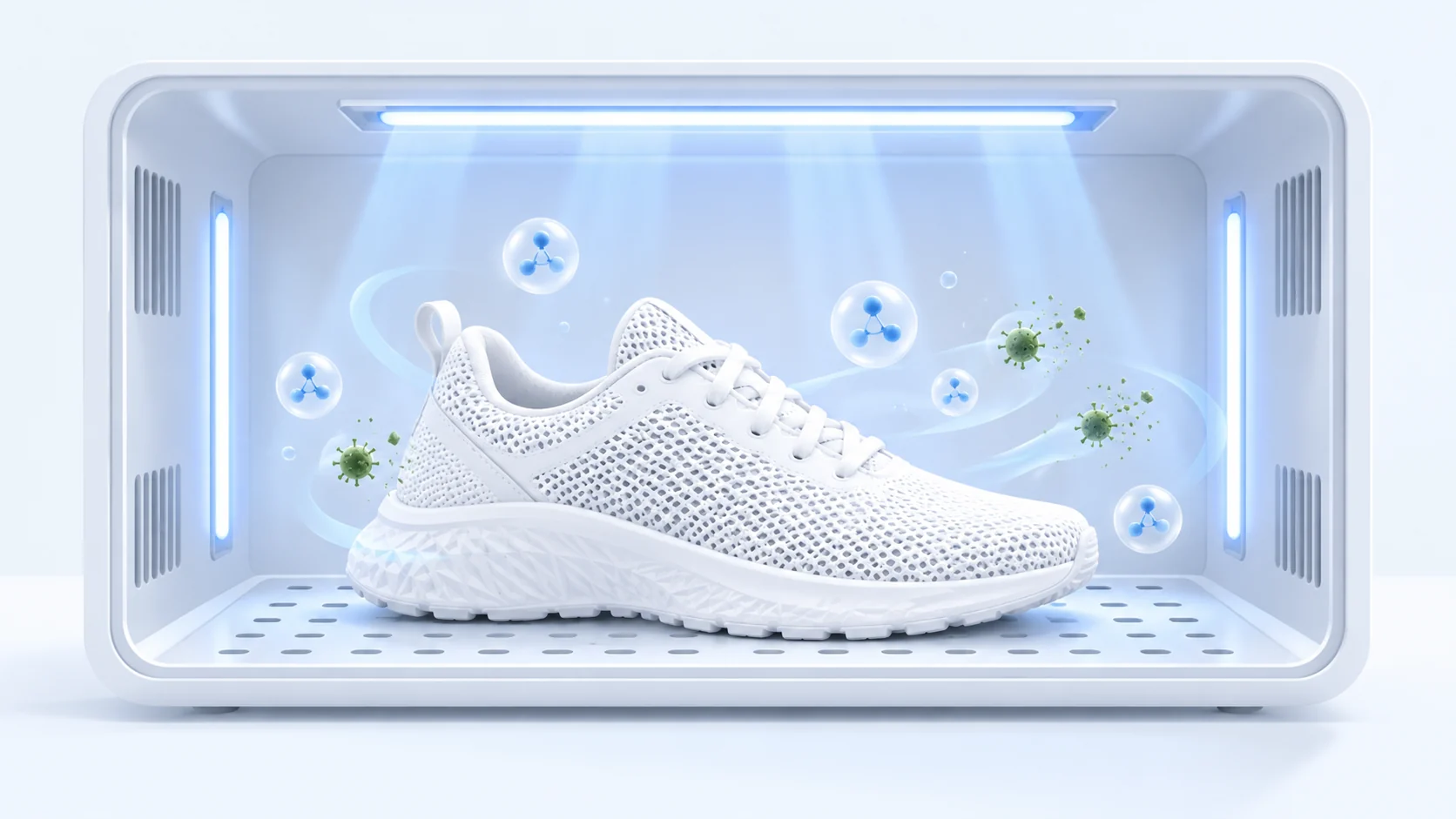 Zapatilla en una cabina de higienización con luz ultravioleta