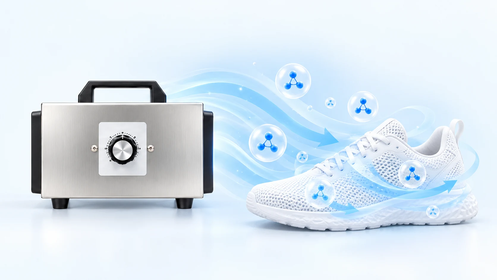 Generador de ozono junto a una zapatilla blanca con flujo de aire azul