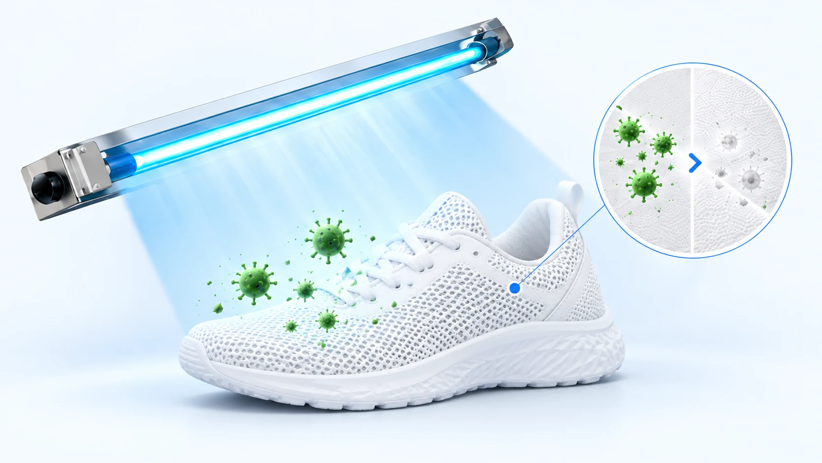 Luz ultravioleta dirigida hacia una zapatilla blanca
