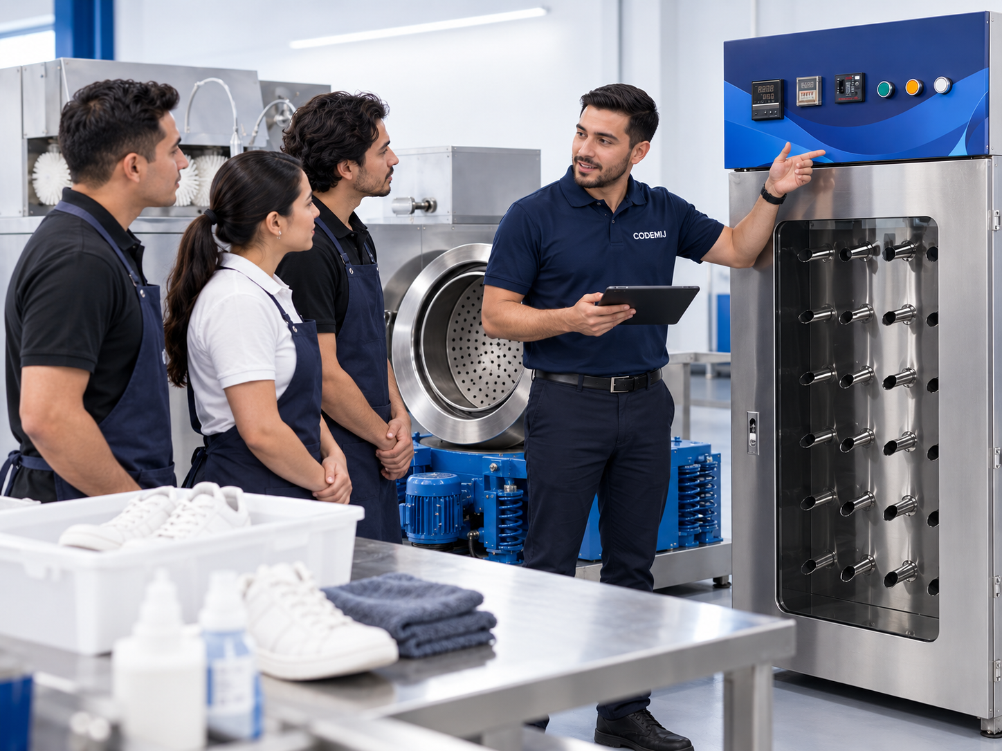 Asesoría sobre equipos de lavandería de calzado en un taller