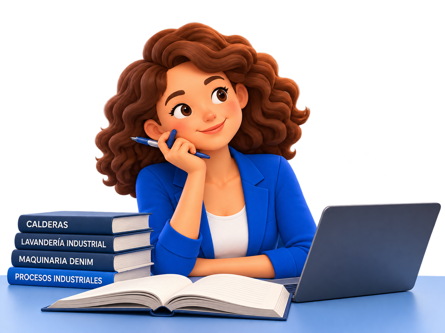 Ilustración de una asesora consultando libros técnicos sobre maquinaria junto a su computadora