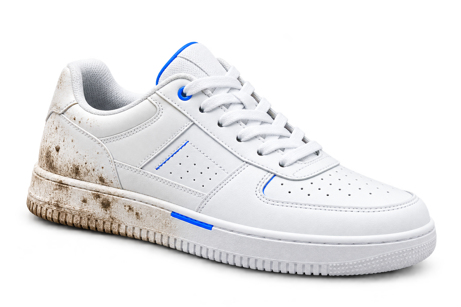 Zapatilla blanca con el talón sucio y la punta limpia