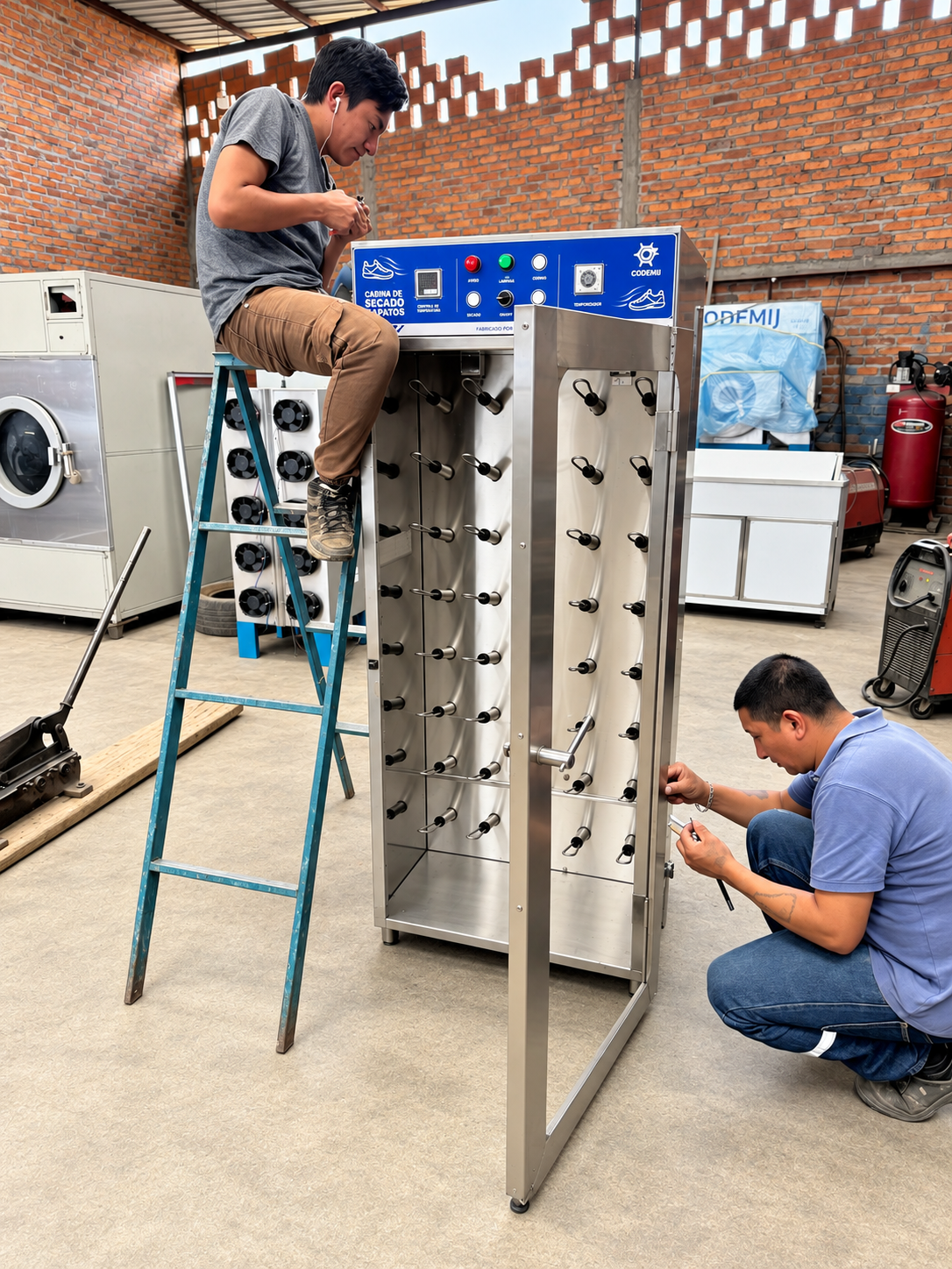 Técnicos integrando y probando una secadora de zapatos industrial
