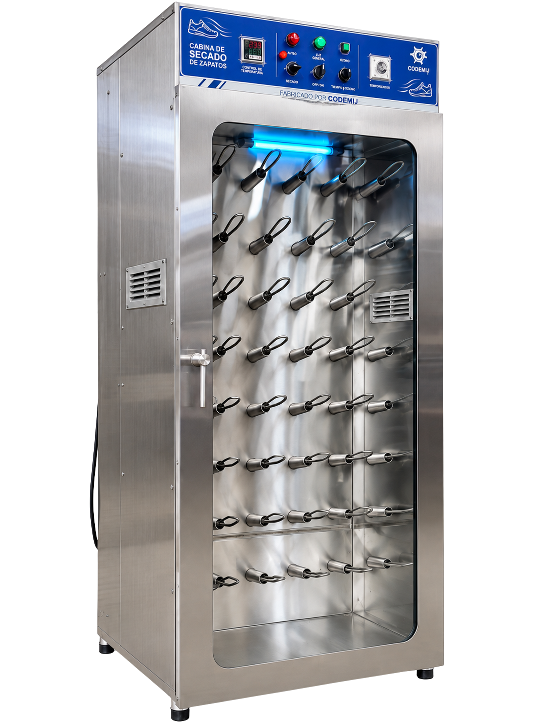 Secadora eléctrica CODEMIJ para 10 a 20 pares de zapatos, con panel azul y cabina de acero inoxidable