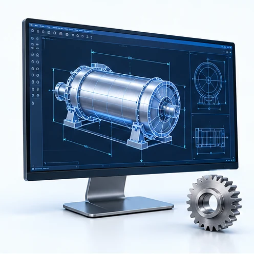 Diseño CAD de un tambor industrial con planos técnicos