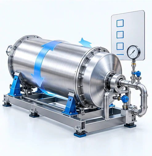 Tambor industrial en una prueba de presión y rotación